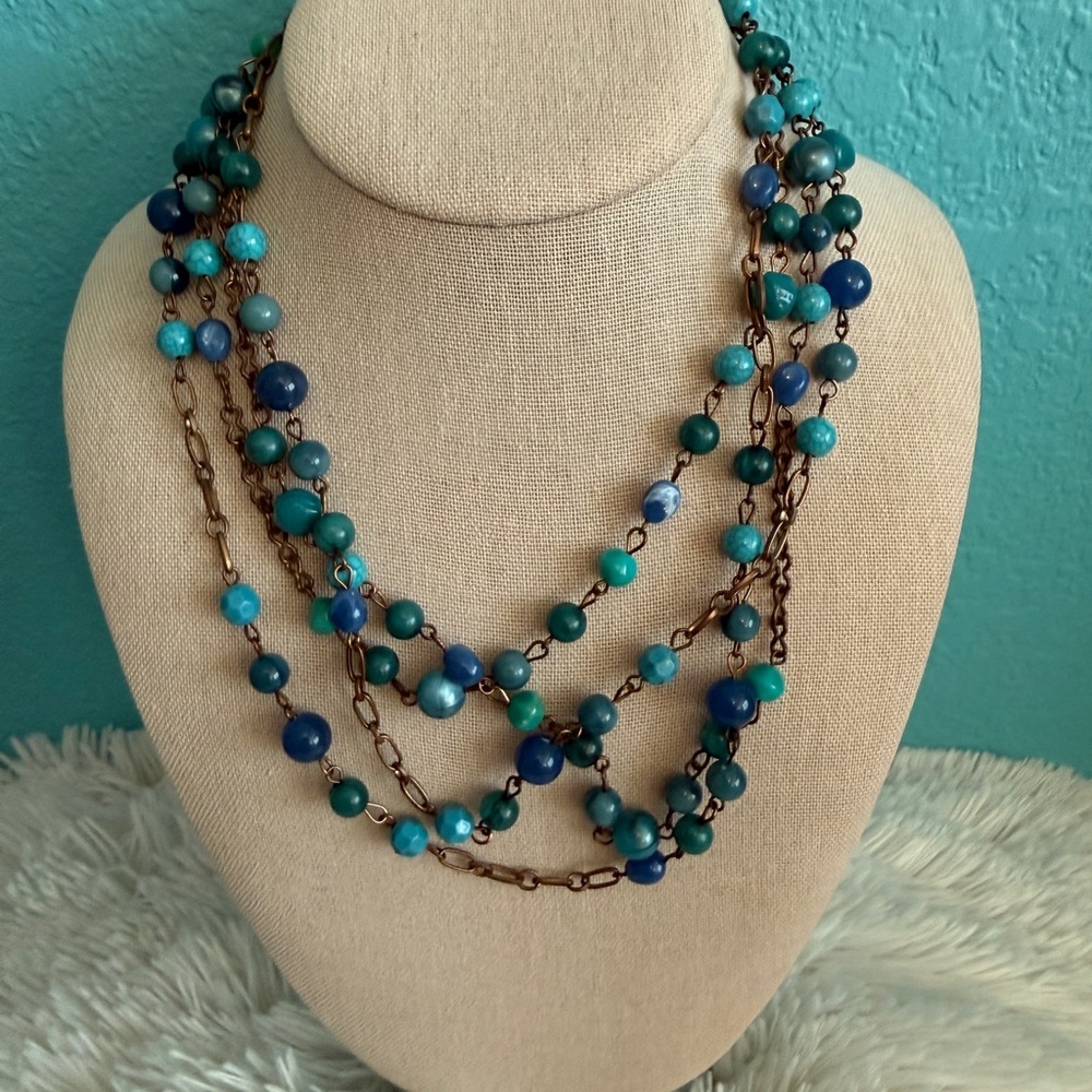Chico’s Blue Green Beaded Long Layered Necklace Double Strand 21